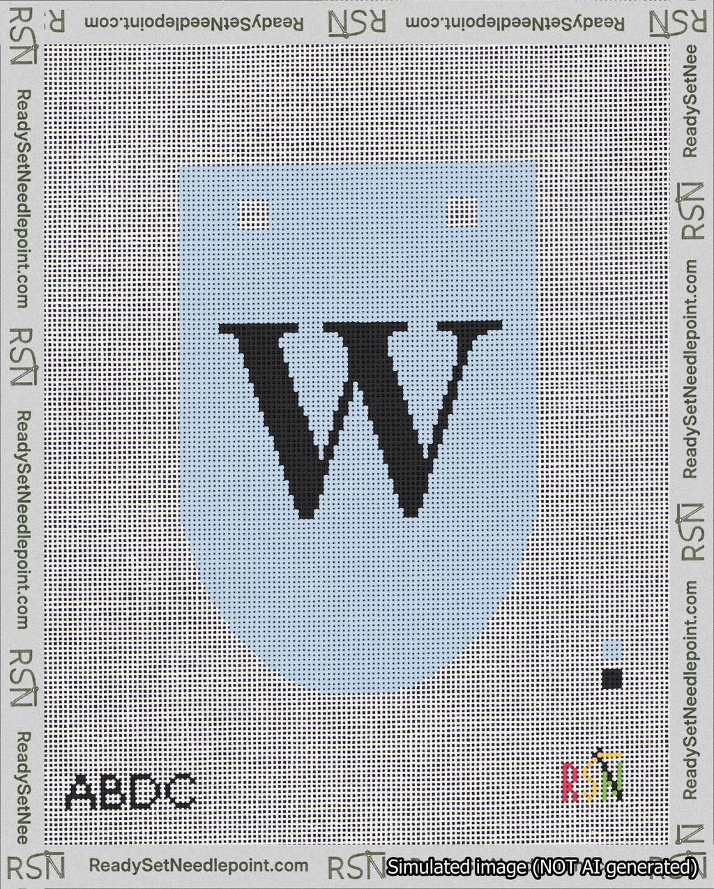 A taped needlepoint canvas with the design: Banner 18 mesh count Rounded W Black on Light Blue.