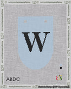 A taped needlepoint canvas with the design: Banner 18 mesh count Rounded W Black on Light Blue.