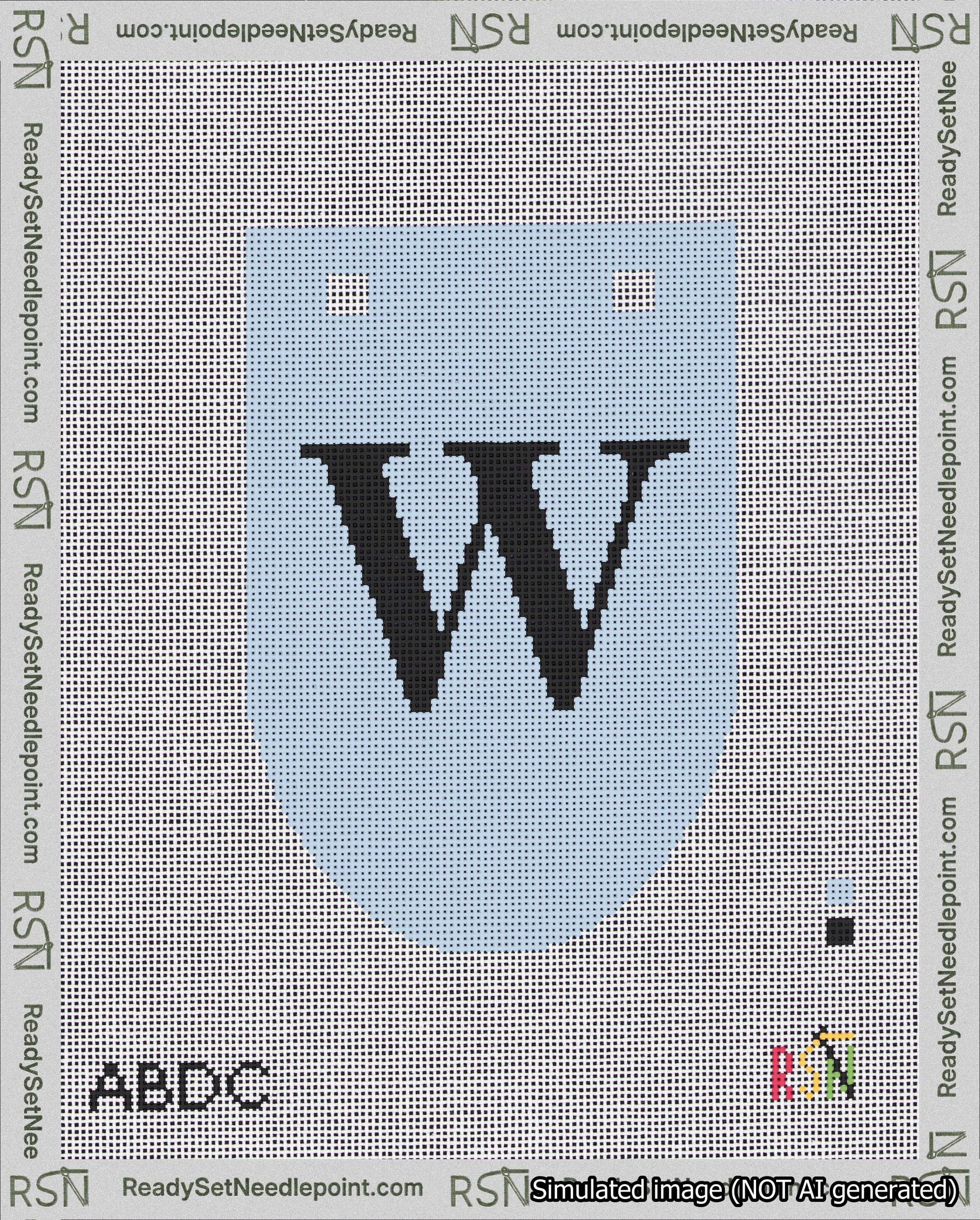 A taped needlepoint canvas with the design: Banner 18 mesh count Rounded W Black on Light Blue.