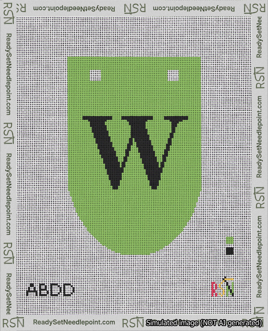 A taped needlepoint canvas with the design: Banner 18 mesh count Rounded W Black on Light Green.