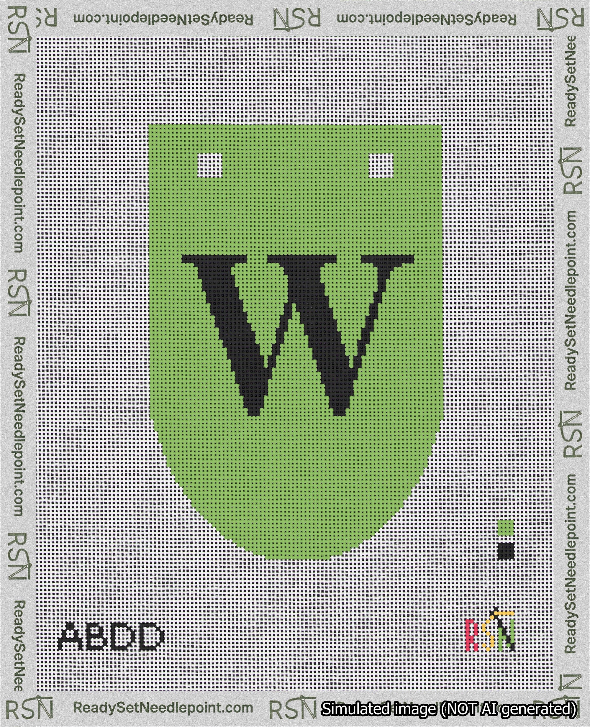A taped needlepoint canvas with the design: Banner 18 mesh count Rounded W Black on Light Green.