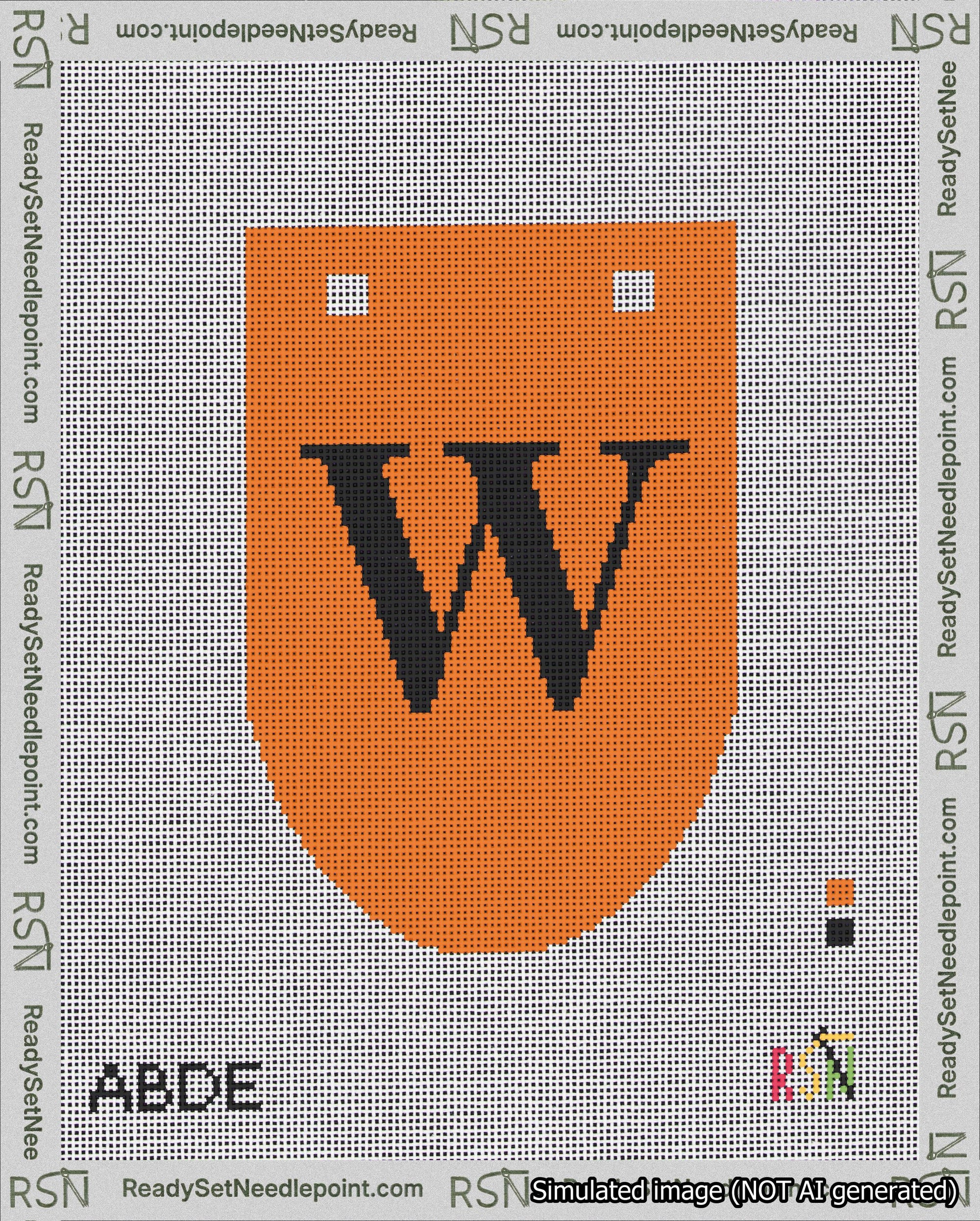A taped needlepoint canvas with the design: Banner 18 mesh count Rounded W Black on Orange.