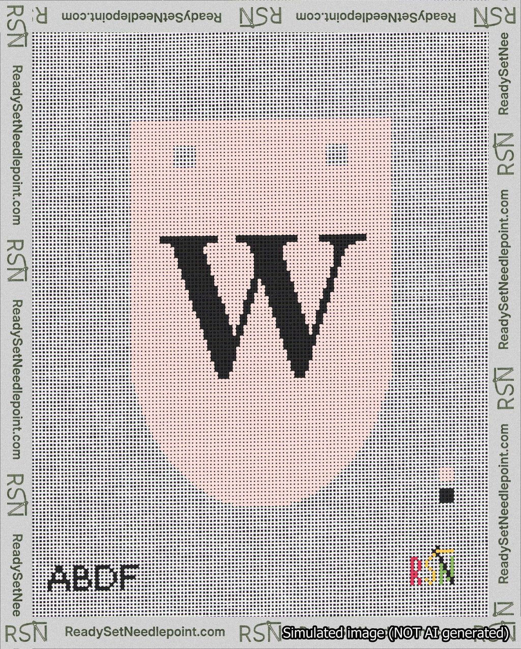 A taped needlepoint canvas with the design: Banner 18 mesh count Rounded W Black on Pink.