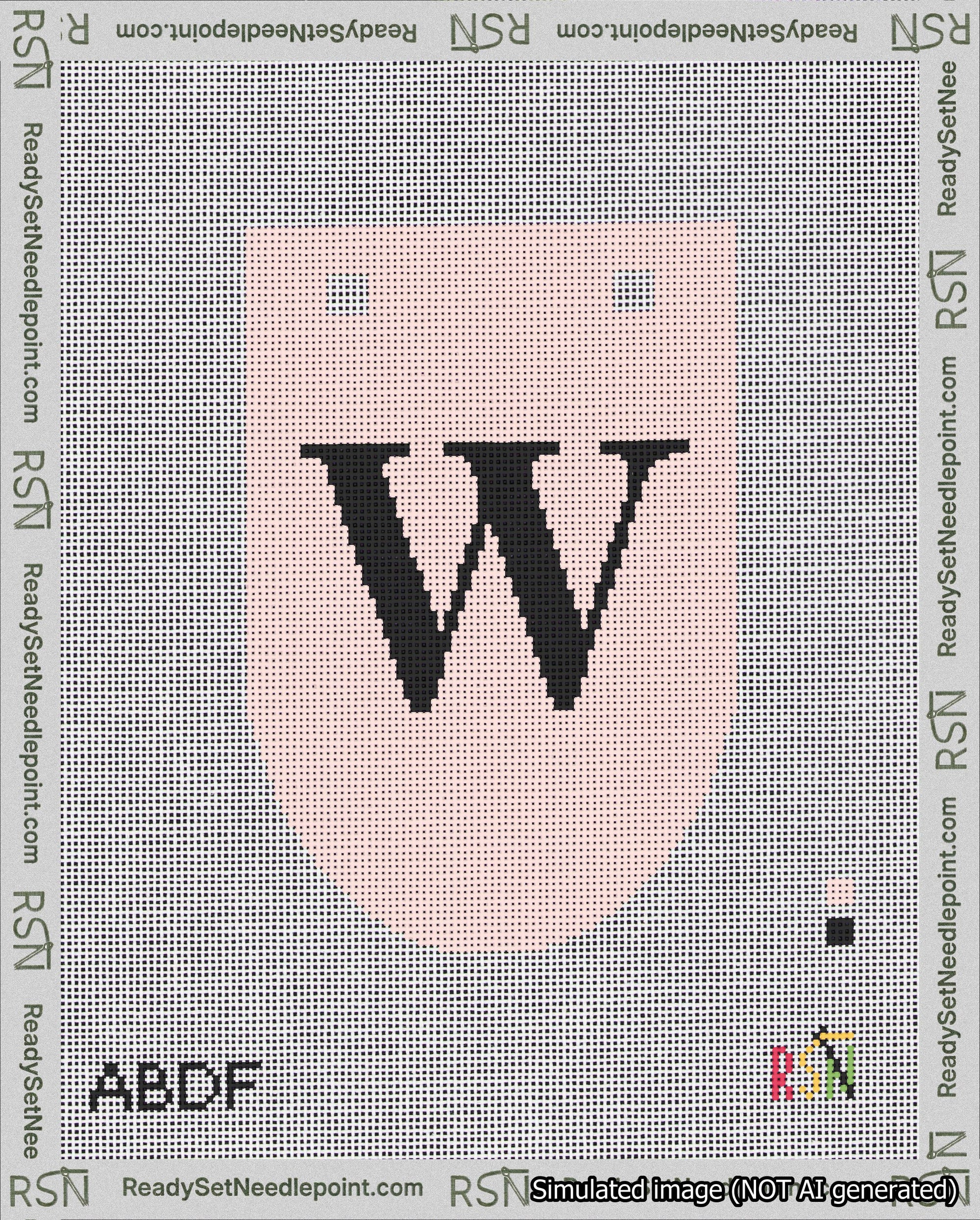 A taped needlepoint canvas with the design: Banner 18 mesh count Rounded W Black on Pink.
