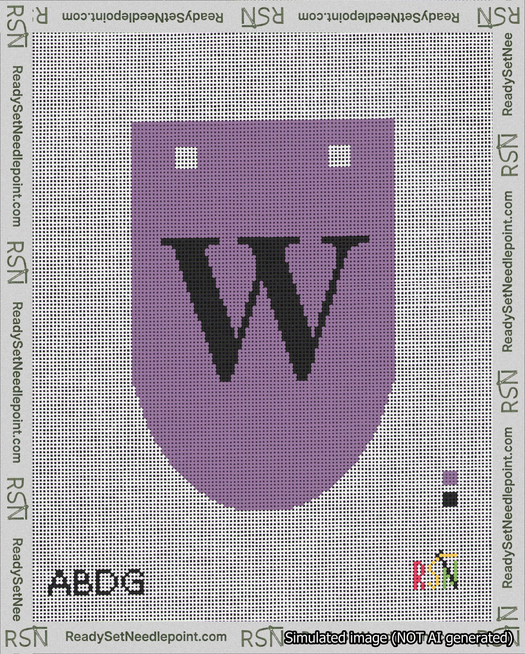 A taped needlepoint canvas with the design: Banner 18 mesh count Rounded W Black on Purple.