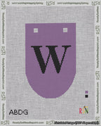 A taped needlepoint canvas with the design: Banner 18 mesh count Rounded W Black on Purple.