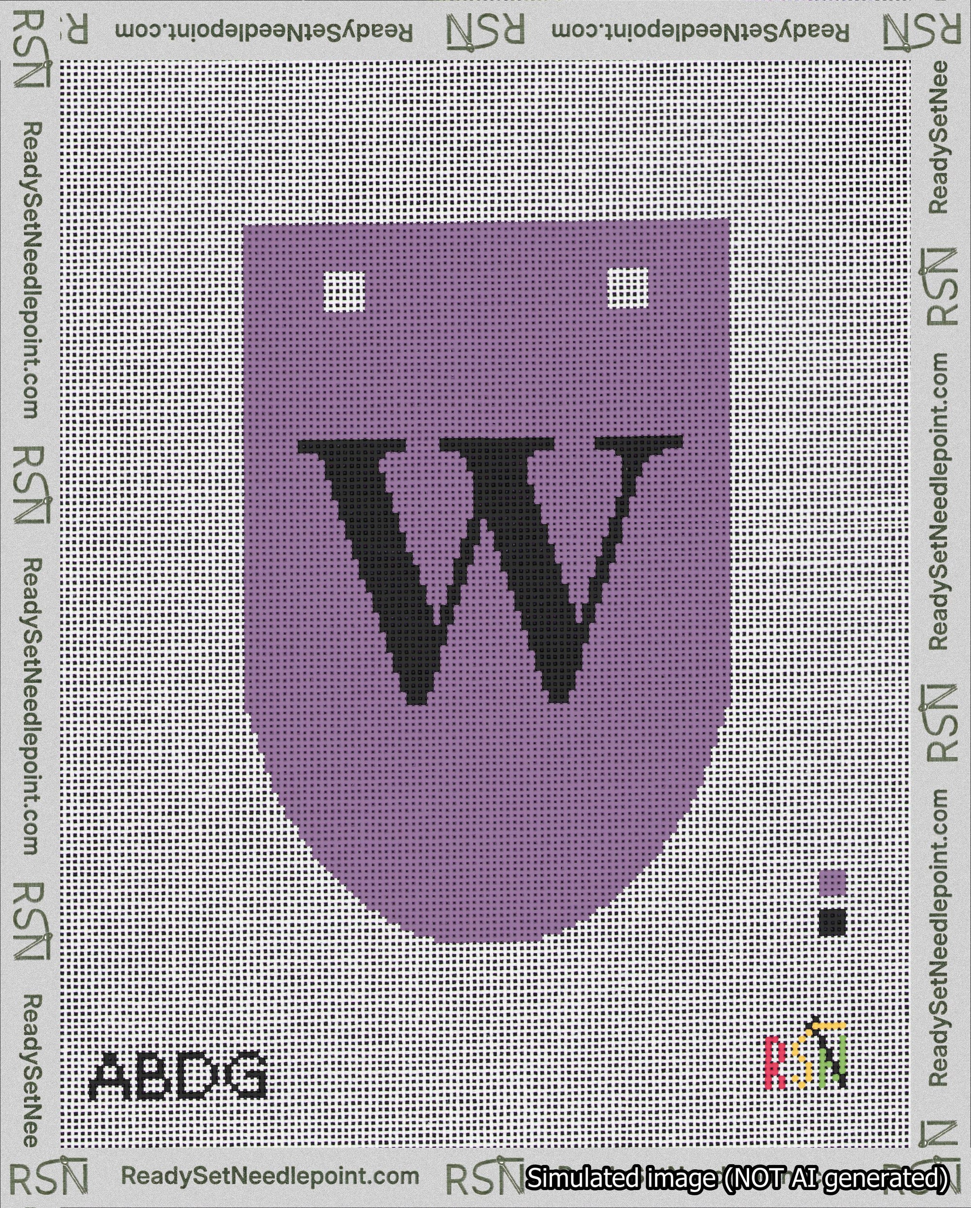A taped needlepoint canvas with the design: Banner 18 mesh count Rounded W Black on Purple.