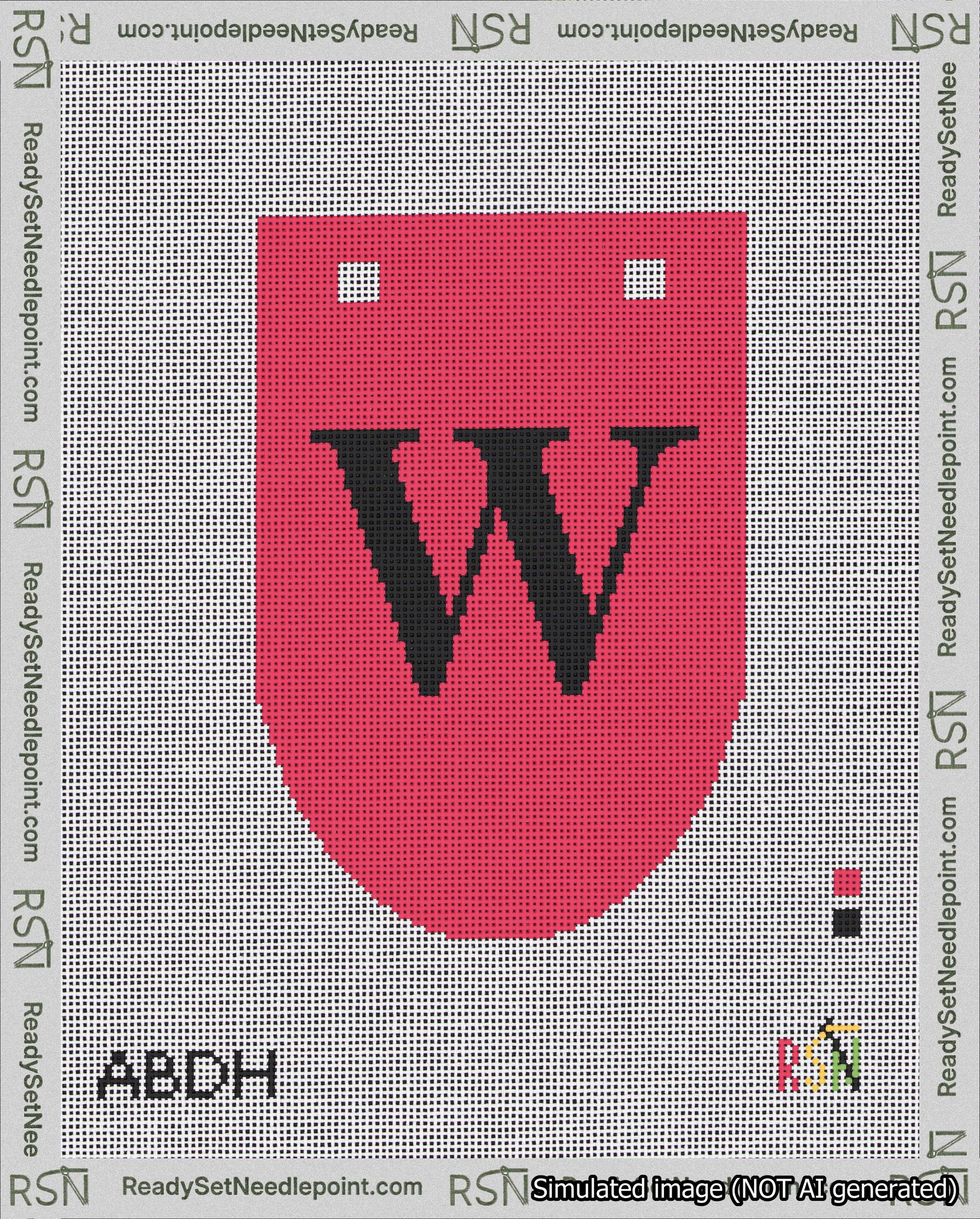 A taped needlepoint canvas with the design: Banner 18 mesh count Rounded W Black on Red.