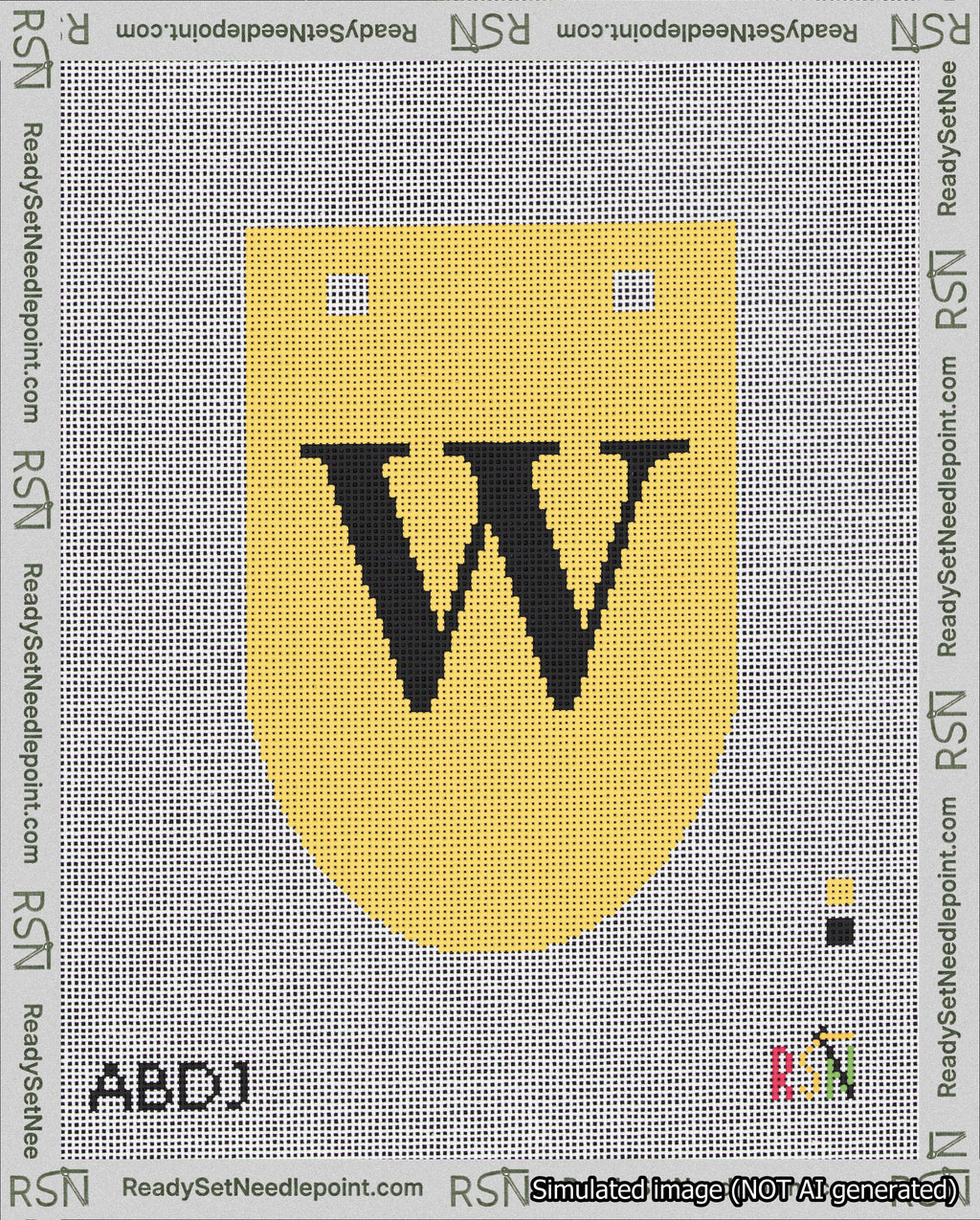 A taped needlepoint canvas with the design: Banner 18 mesh count Rounded W Black on Yellow.
