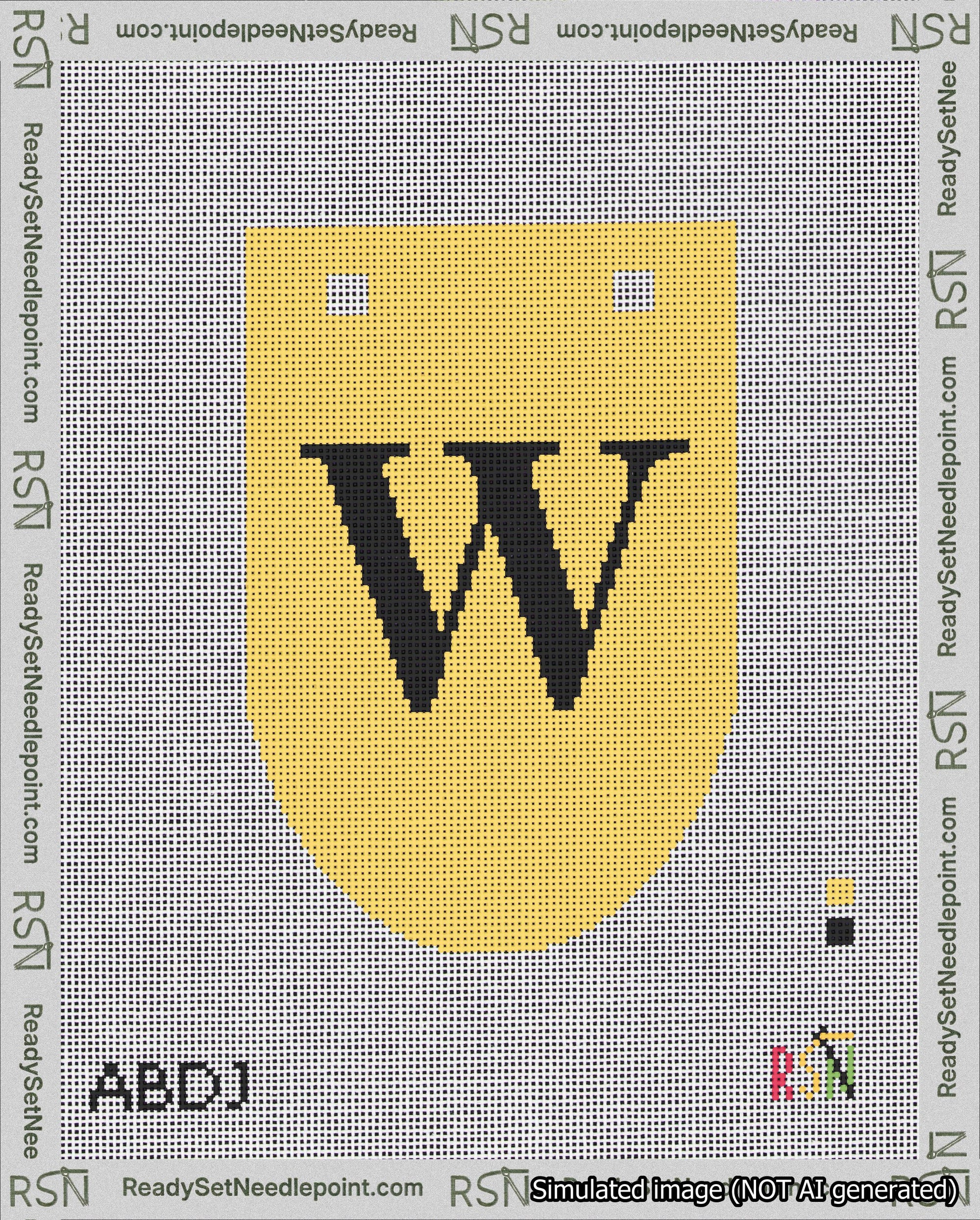 A taped needlepoint canvas with the design: Banner 18 mesh count Rounded W Black on Yellow.