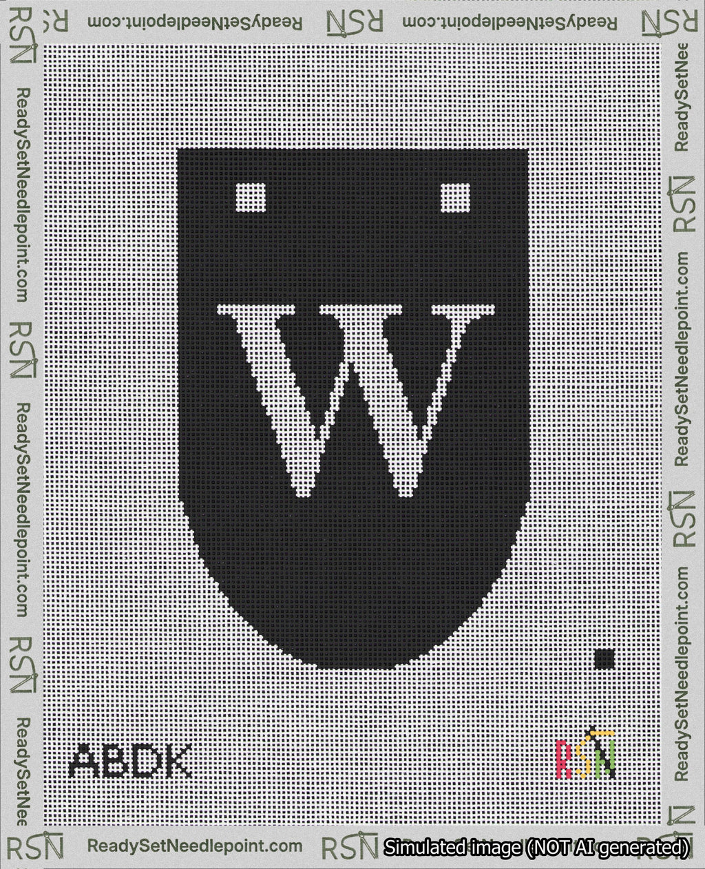 A taped needlepoint canvas with the design: Banner 18 mesh count Rounded W White on Black.