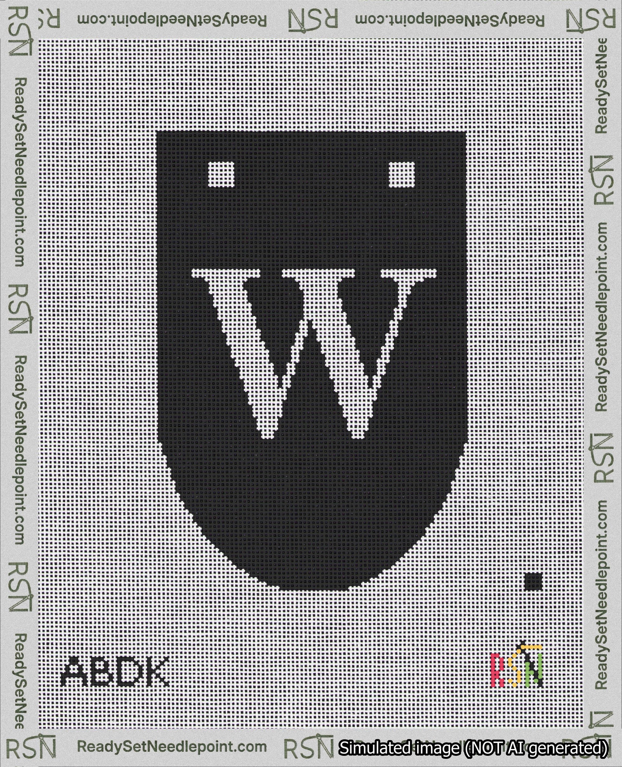 A taped needlepoint canvas with the design: Banner 18 mesh count Rounded W White on Black.