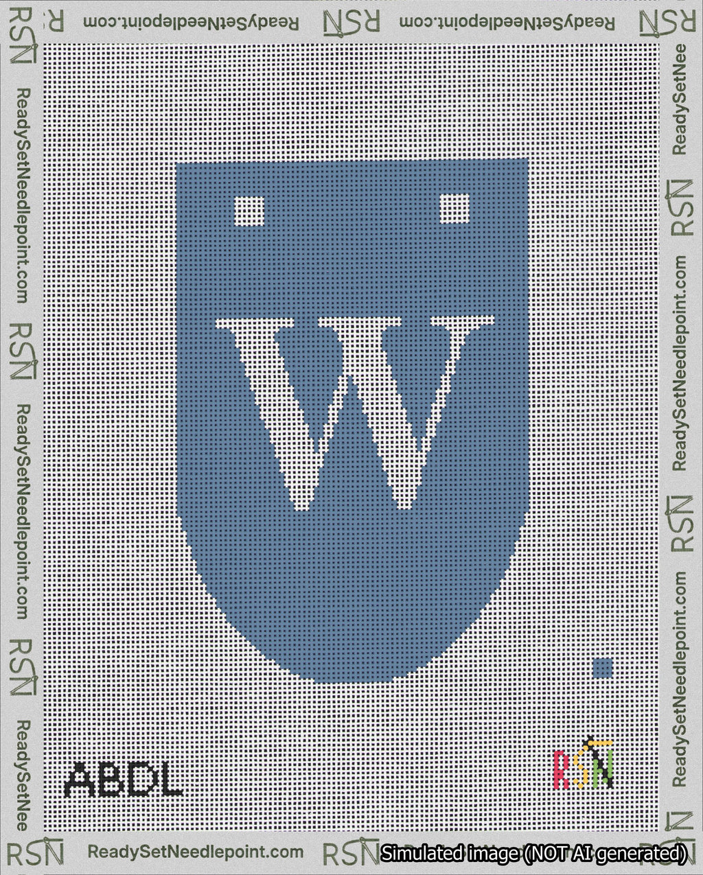 A taped needlepoint canvas with the design: Banner 18 mesh count Rounded W White on Blue.