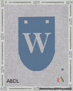 A taped needlepoint canvas with the design: Banner 18 mesh count Rounded W White on Blue.