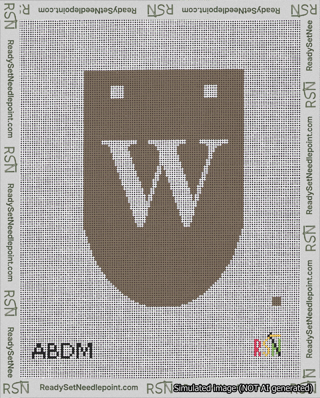 A taped needlepoint canvas with the design: Banner 18 mesh count Rounded W White on Brown.