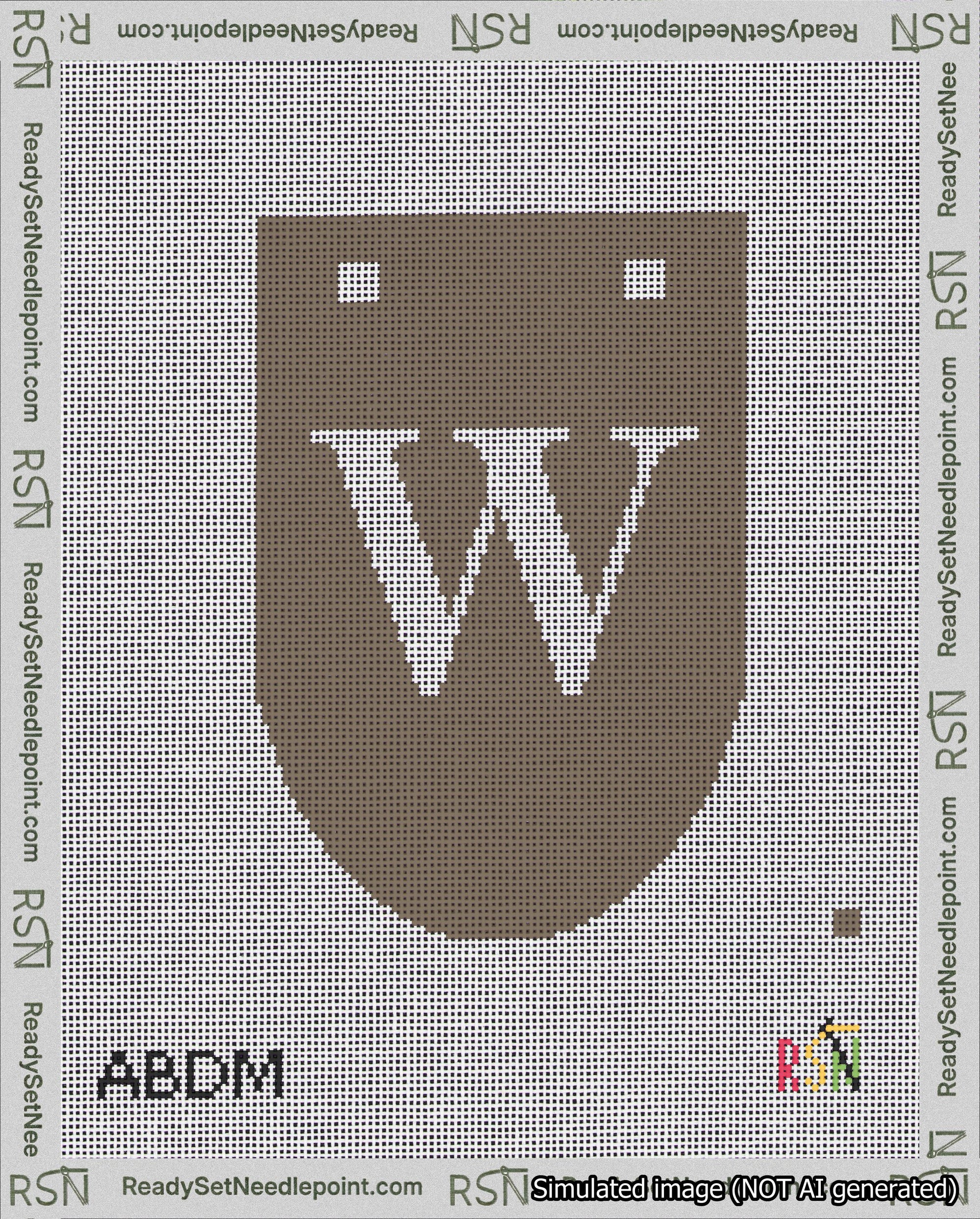 A taped needlepoint canvas with the design: Banner 18 mesh count Rounded W White on Brown.
