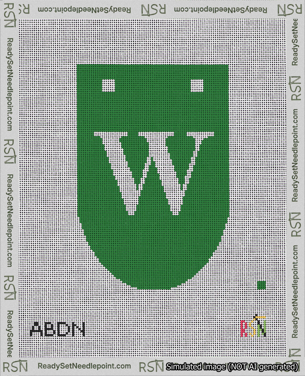 A taped needlepoint canvas with the design: Banner 18 mesh count Rounded W White on Green.