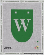A taped needlepoint canvas with the design: Banner 18 mesh count Rounded W White on Green.