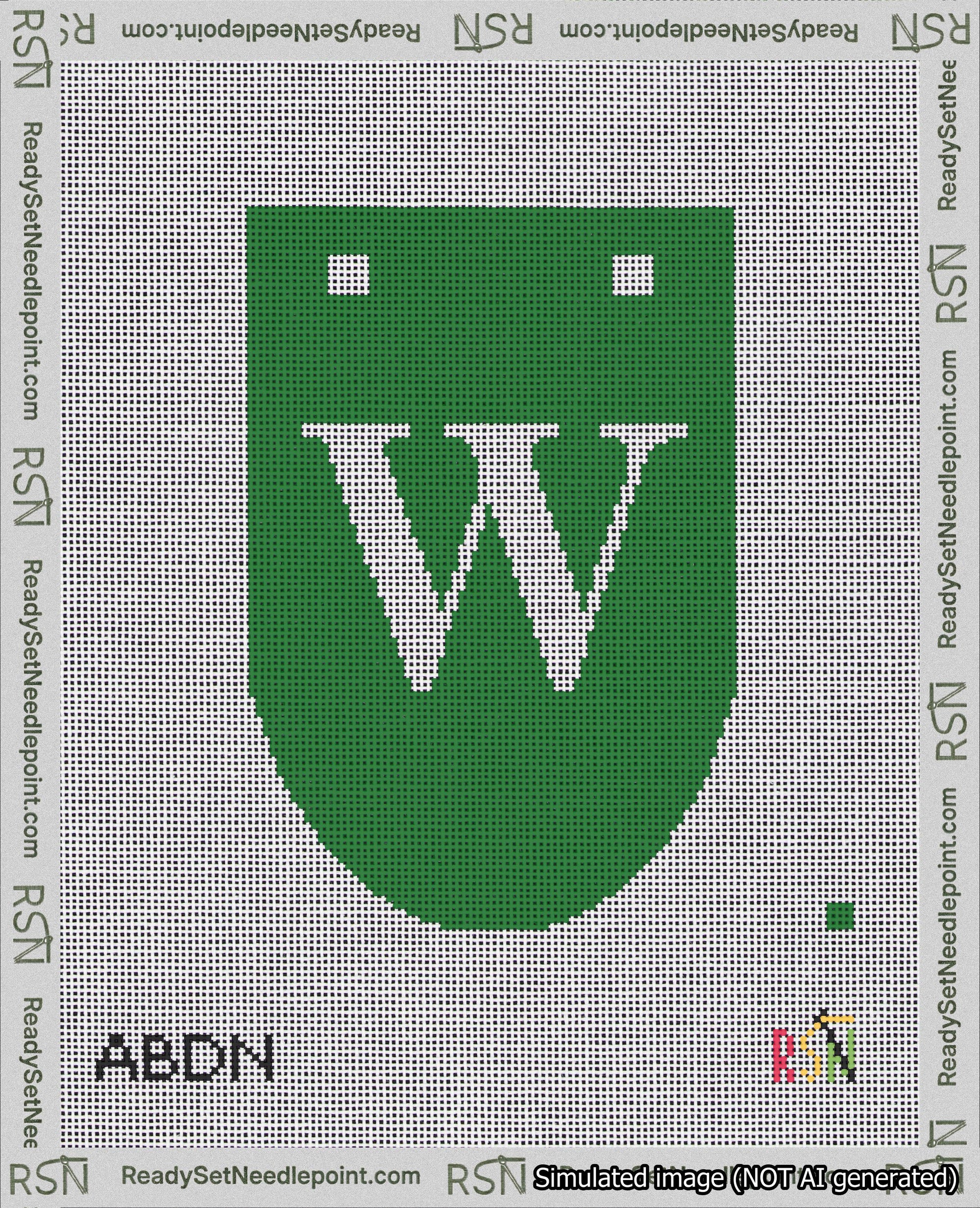 A taped needlepoint canvas with the design: Banner 18 mesh count Rounded W White on Green.