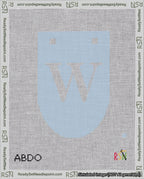 A taped needlepoint canvas with the design: Banner 18 mesh count Rounded W White on Light Blue.