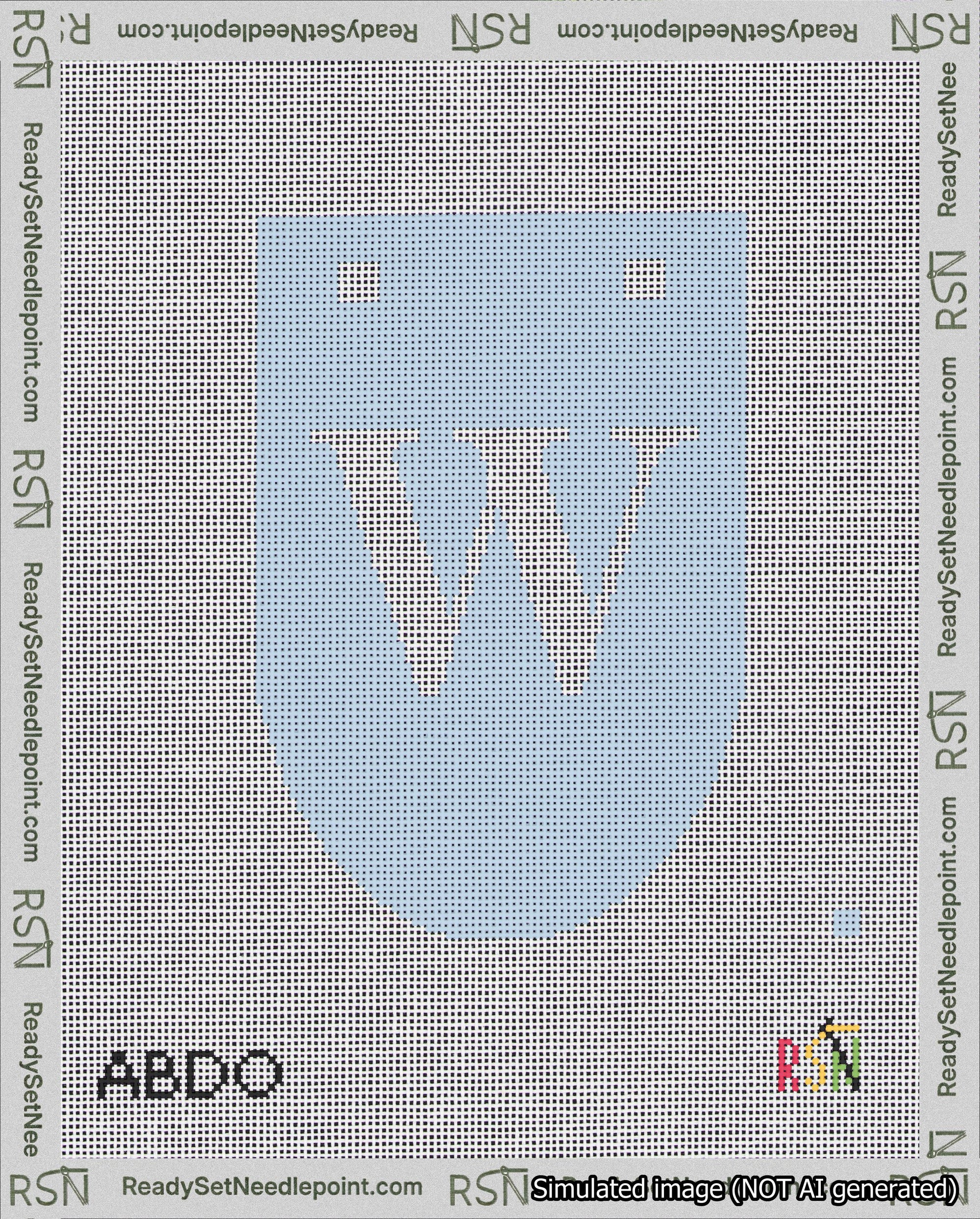 A taped needlepoint canvas with the design: Banner 18 mesh count Rounded W White on Light Blue.