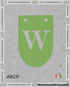 A taped needlepoint canvas with the design: Banner 18 mesh count Rounded W White on Light Green.
