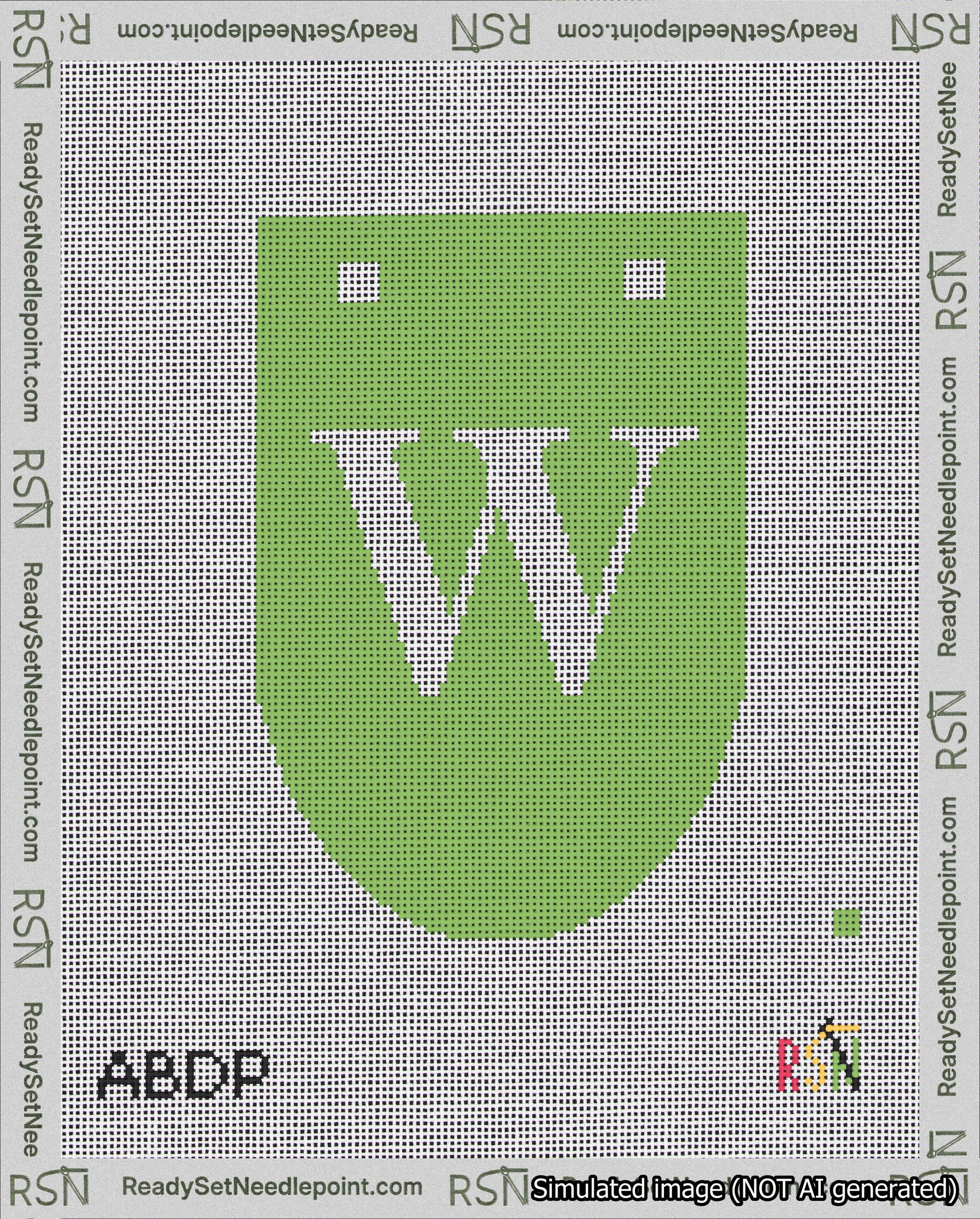 A taped needlepoint canvas with the design: Banner 18 mesh count Rounded W White on Light Green.
