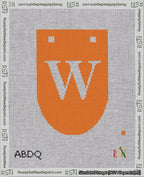 A taped needlepoint canvas with the design: Banner 18 mesh count Rounded W White on Orange.