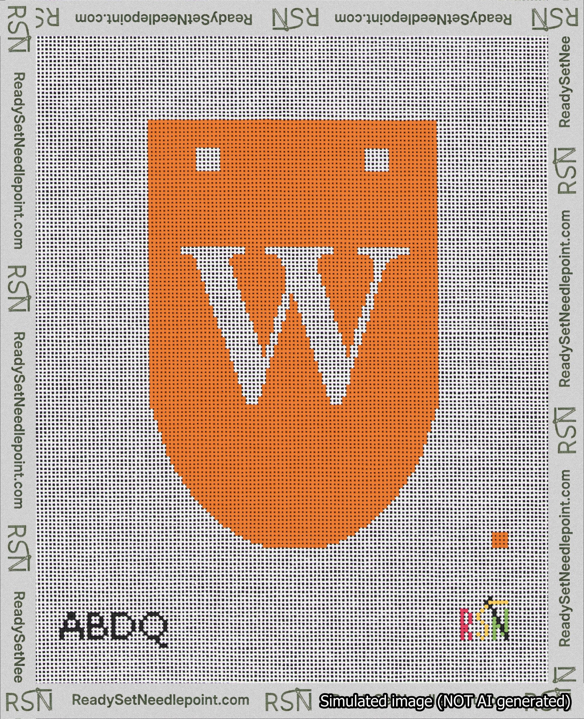 A taped needlepoint canvas with the design: Banner 18 mesh count Rounded W White on Orange.