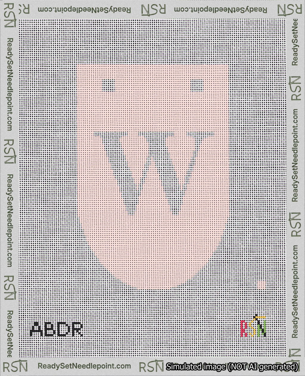 A taped needlepoint canvas with the design: Banner 18 mesh count Rounded W White on Pink.