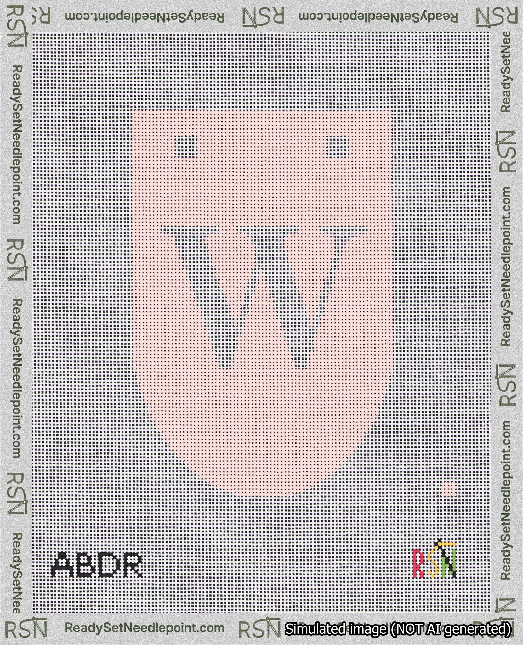 A taped needlepoint canvas with the design: Banner 18 mesh count Rounded W White on Pink.