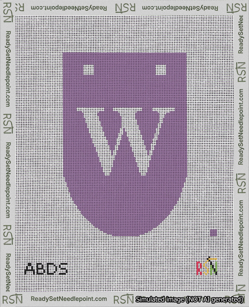 A taped needlepoint canvas with the design: Banner 18 mesh count Rounded W White on Purple.