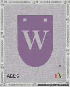 A taped needlepoint canvas with the design: Banner 18 mesh count Rounded W White on Purple.