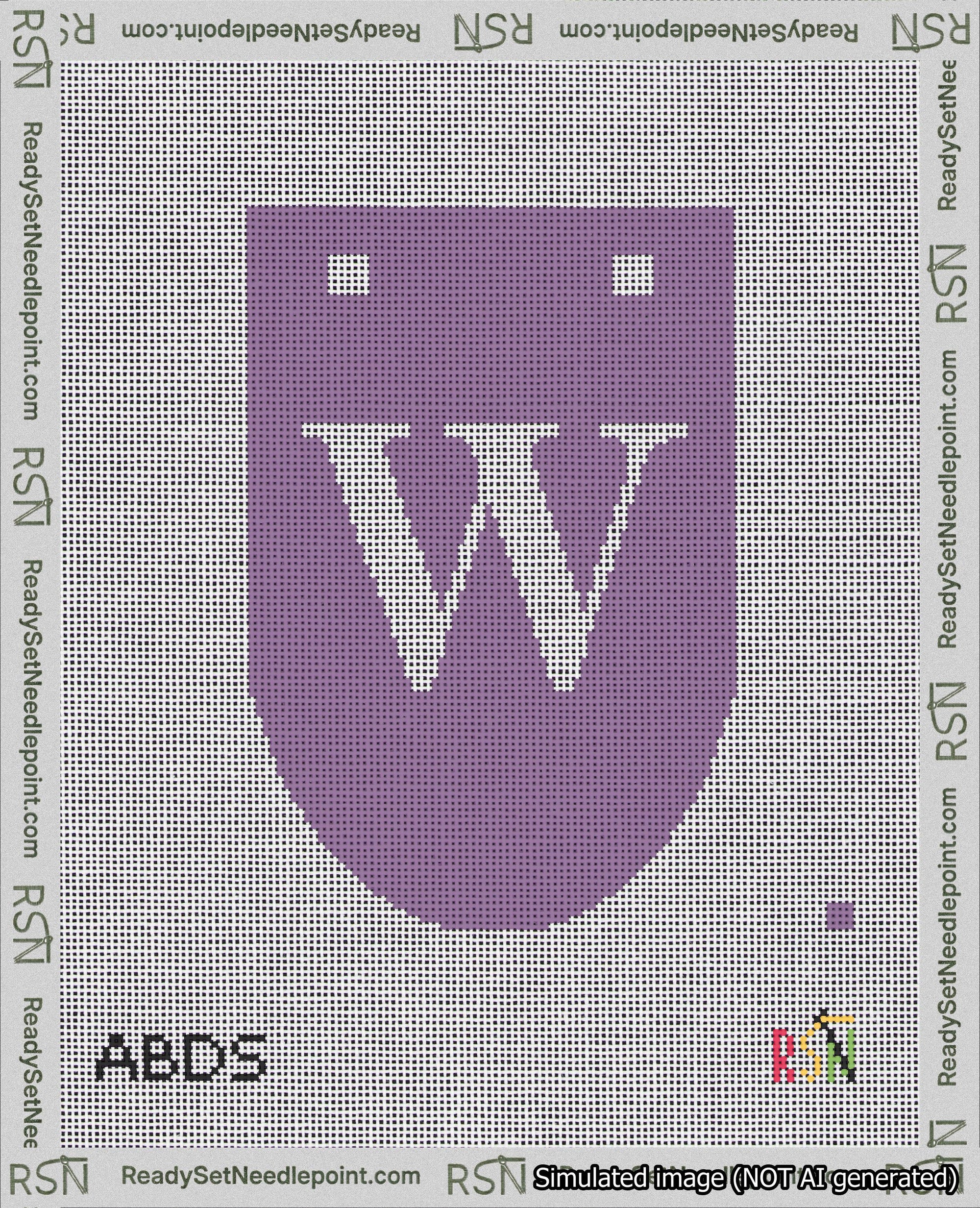 A taped needlepoint canvas with the design: Banner 18 mesh count Rounded W White on Purple.