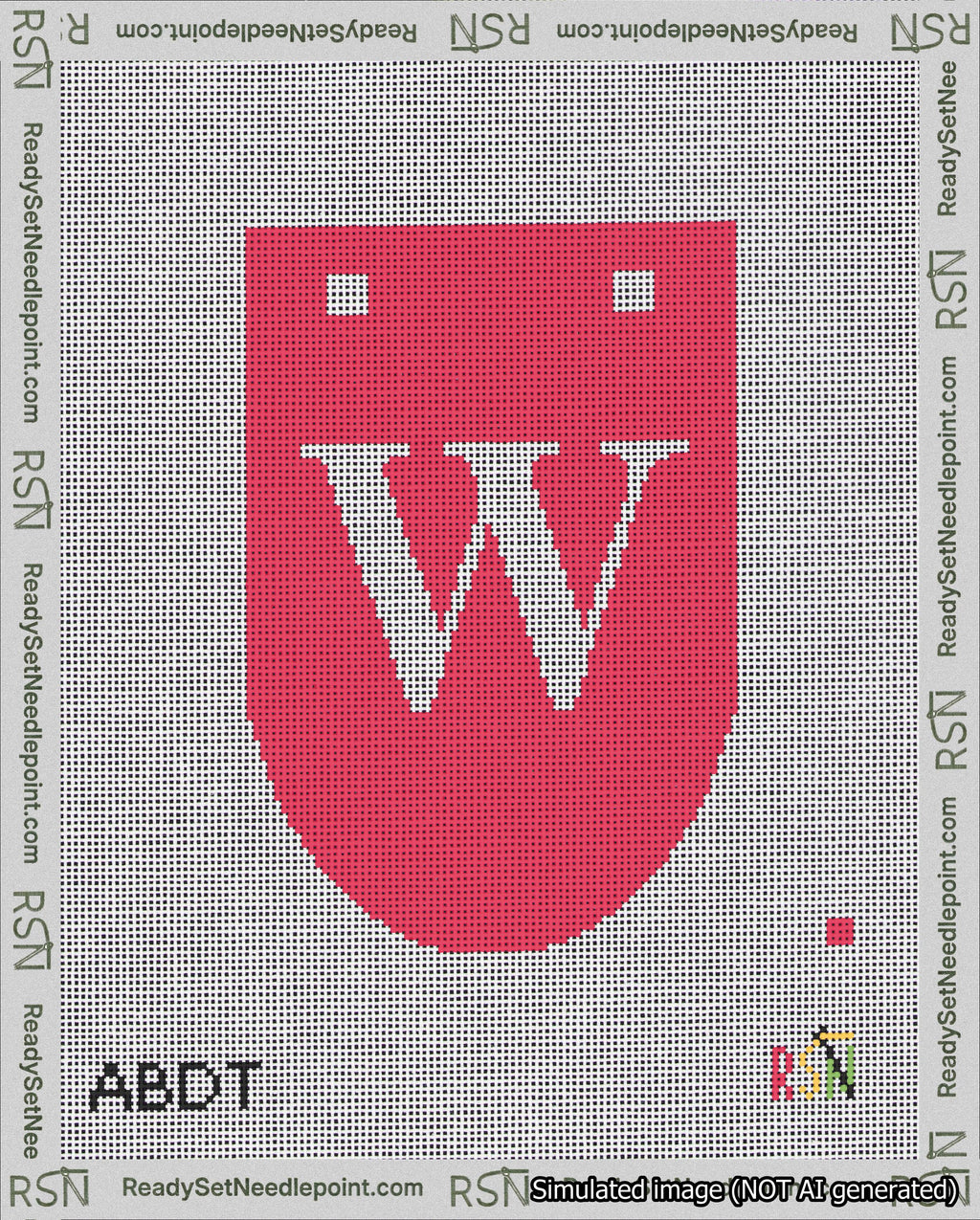 A taped needlepoint canvas with the design: Banner 18 mesh count Rounded W White on Red.