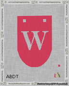 A taped needlepoint canvas with the design: Banner 18 mesh count Rounded W White on Red.