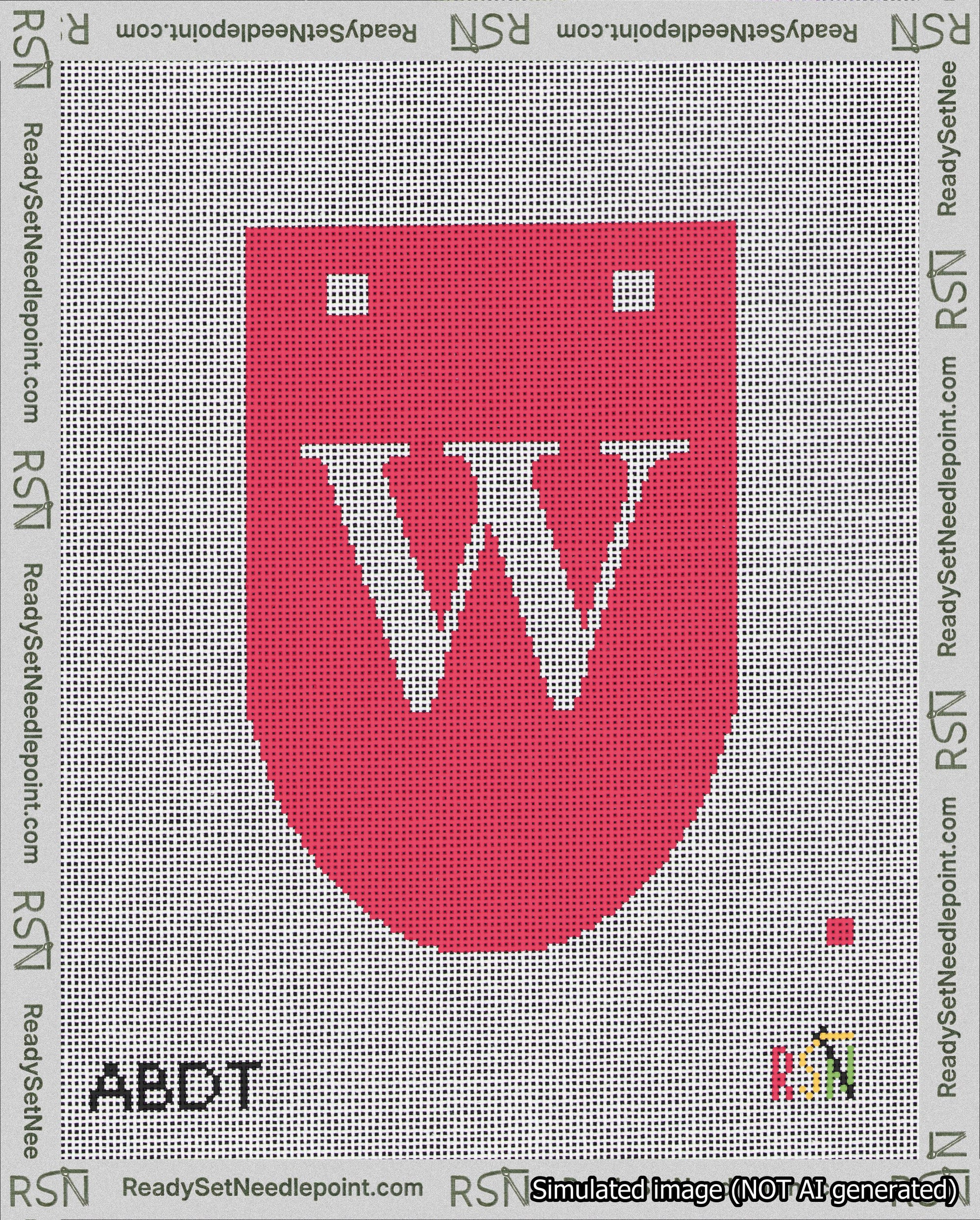 A taped needlepoint canvas with the design: Banner 18 mesh count Rounded W White on Red.