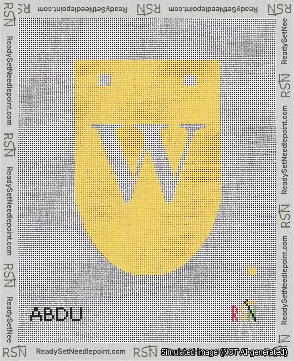 A taped needlepoint canvas with the design: Banner 18 mesh count Rounded W White on Yellow.