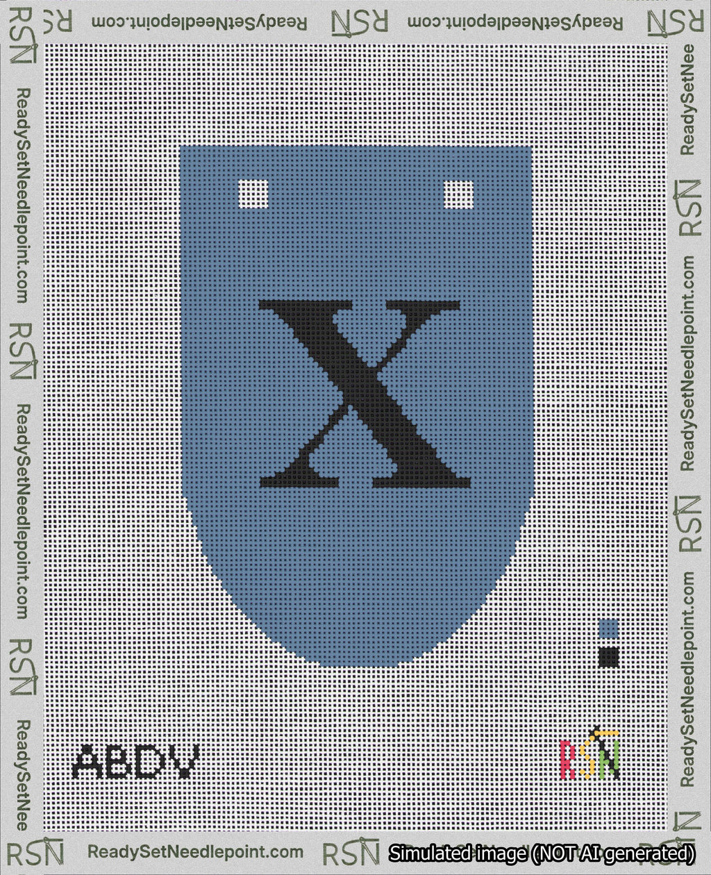 A taped needlepoint canvas with the design: Banner 18 mesh count Rounded X Black on Blue.