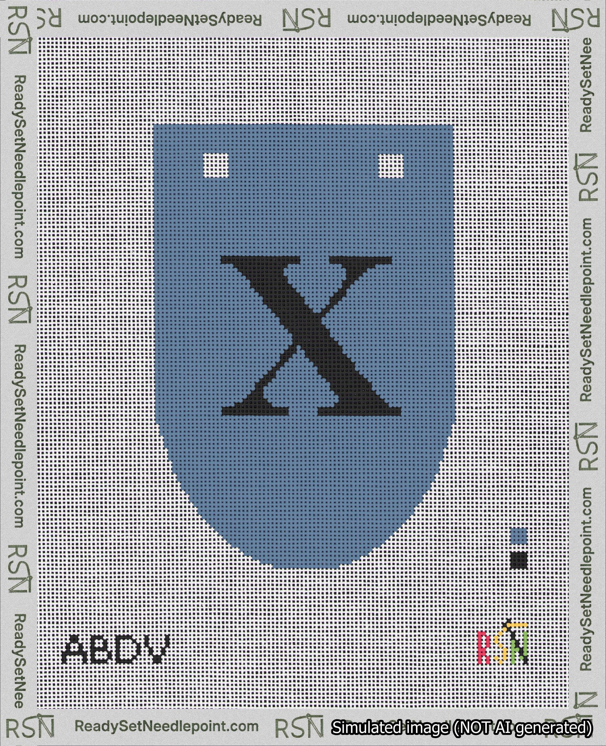 A taped needlepoint canvas with the design: Banner 18 mesh count Rounded X Black on Blue.