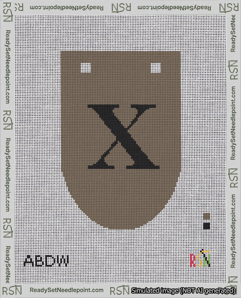 A taped needlepoint canvas with the design: Banner 18 mesh count Rounded X Black on Brown.
