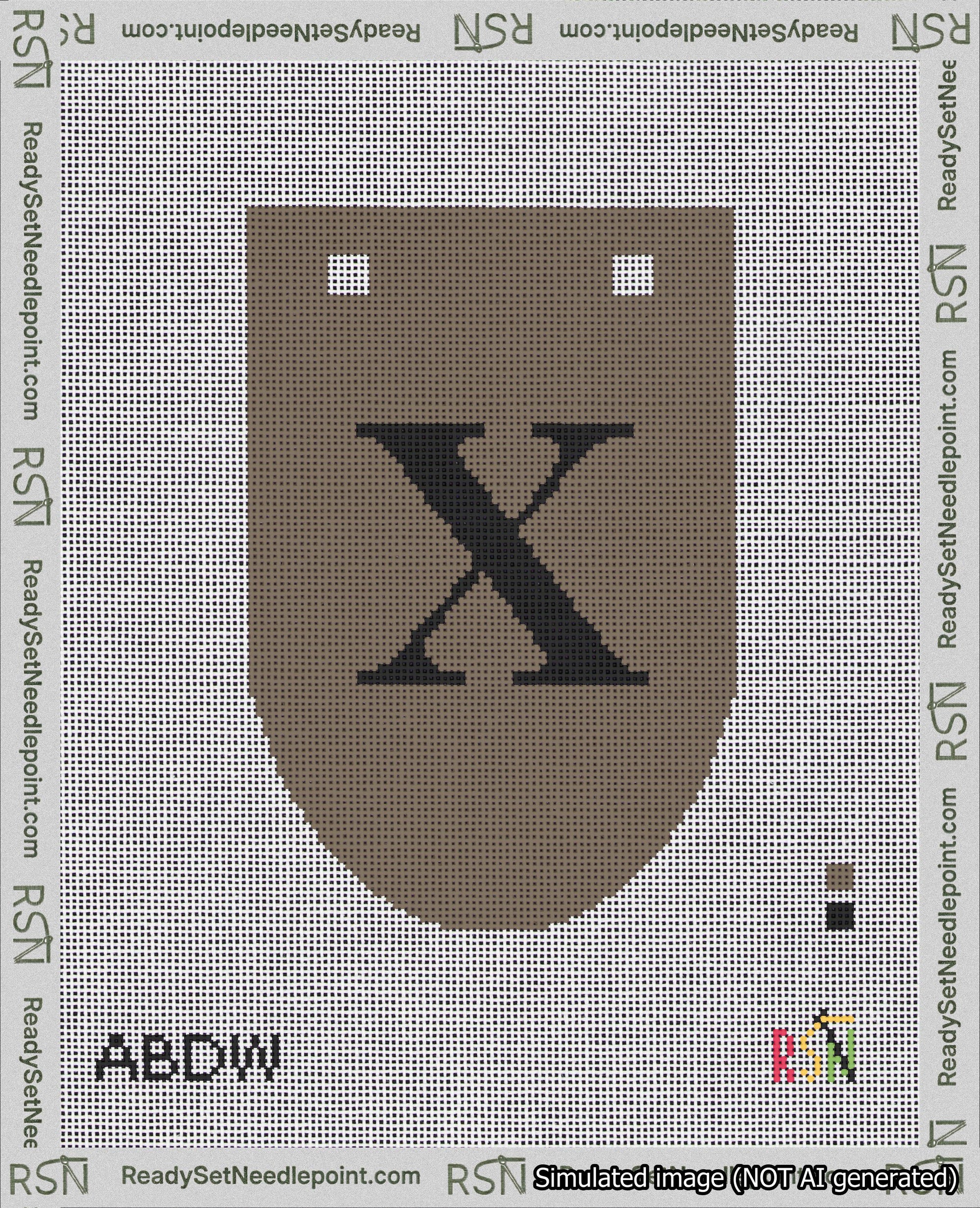 A taped needlepoint canvas with the design: Banner 18 mesh count Rounded X Black on Brown.