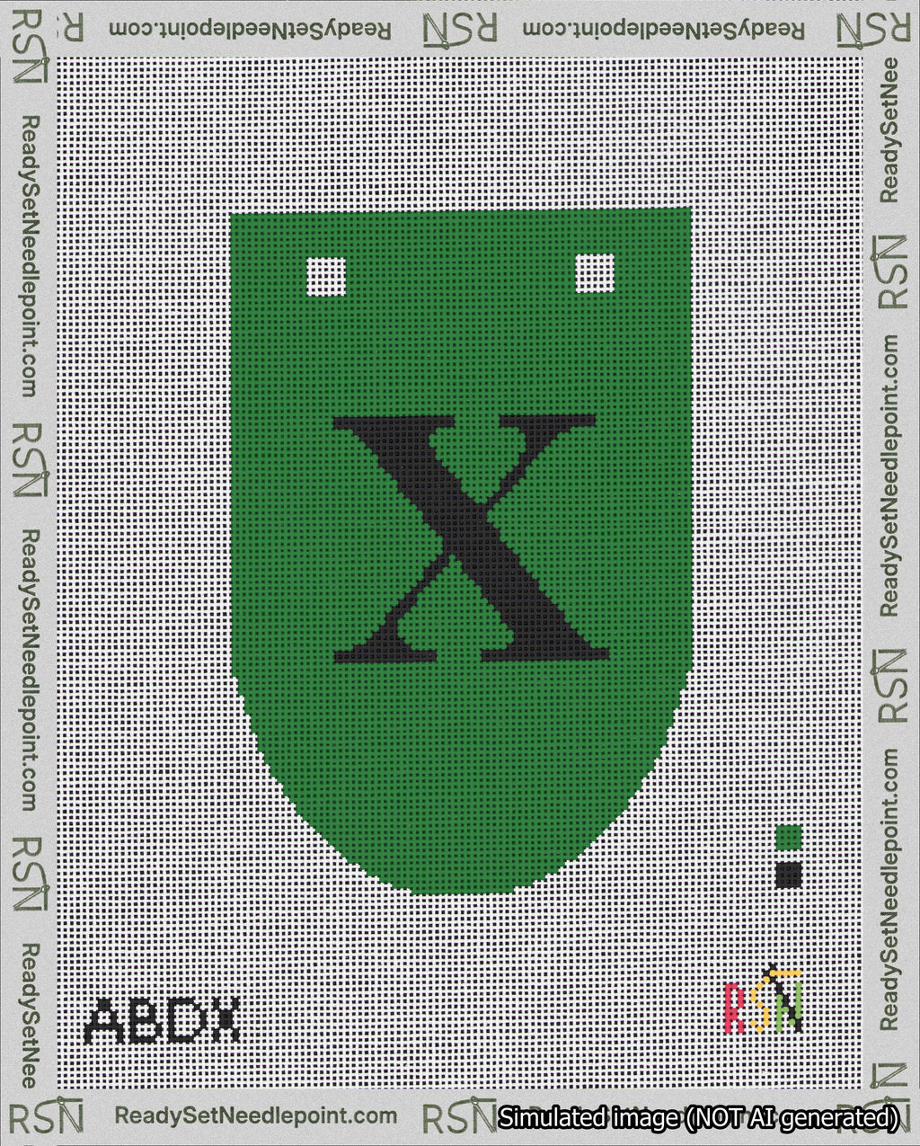 A taped needlepoint canvas with the design: Banner 18 mesh count Rounded X Black on Green.