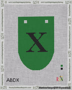 A taped needlepoint canvas with the design: Banner 18 mesh count Rounded X Black on Green.