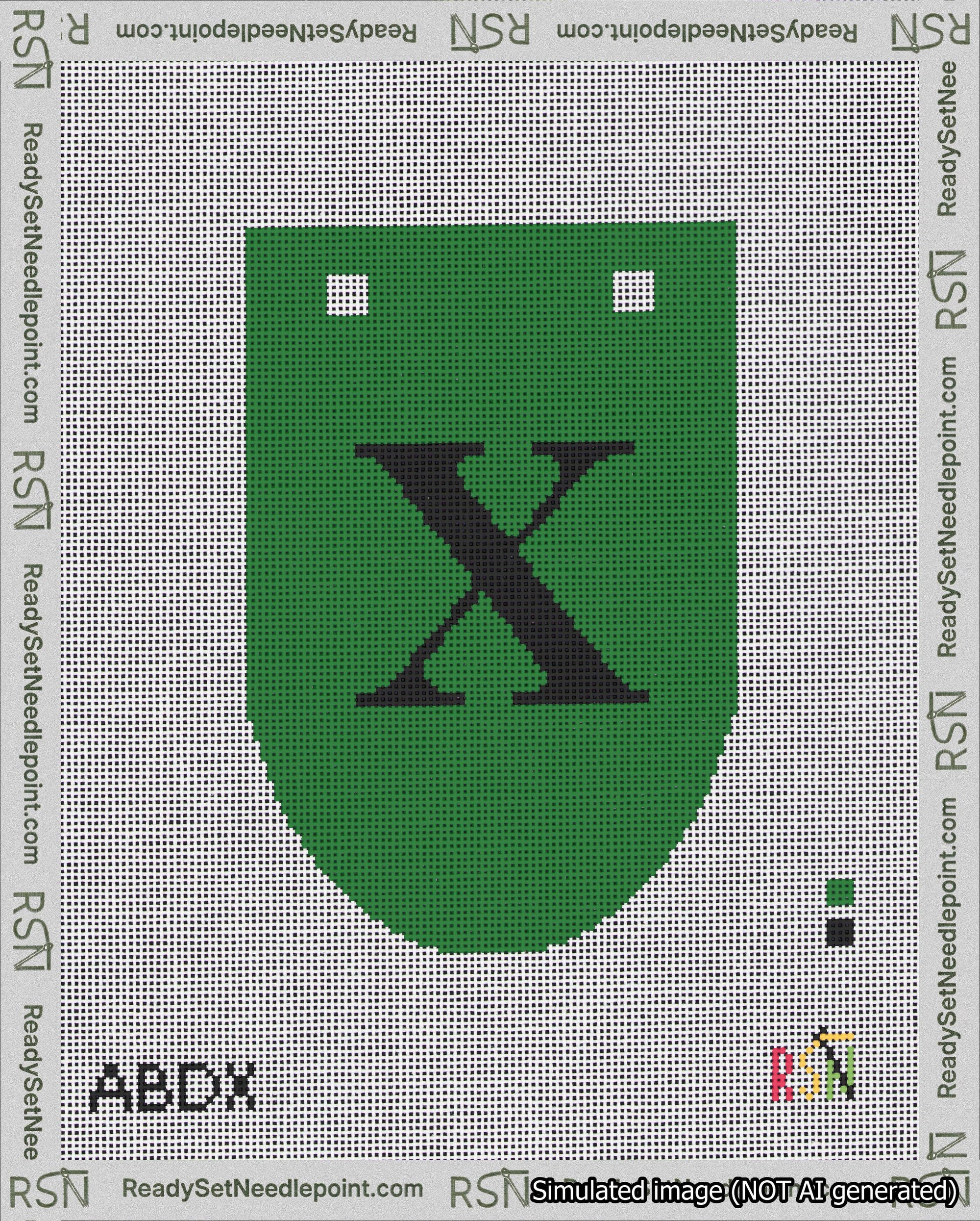 A taped needlepoint canvas with the design: Banner 18 mesh count Rounded X Black on Green.
