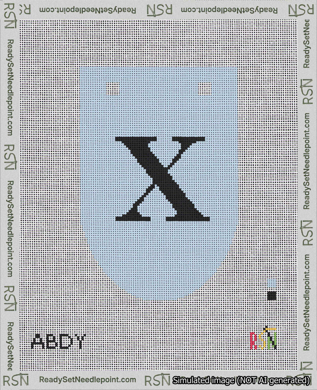 A taped needlepoint canvas with the design: Banner 18 mesh count Rounded X Black on Light Blue.