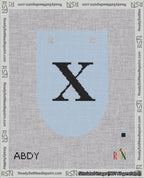 A taped needlepoint canvas with the design: Banner 18 mesh count Rounded X Black on Light Blue.