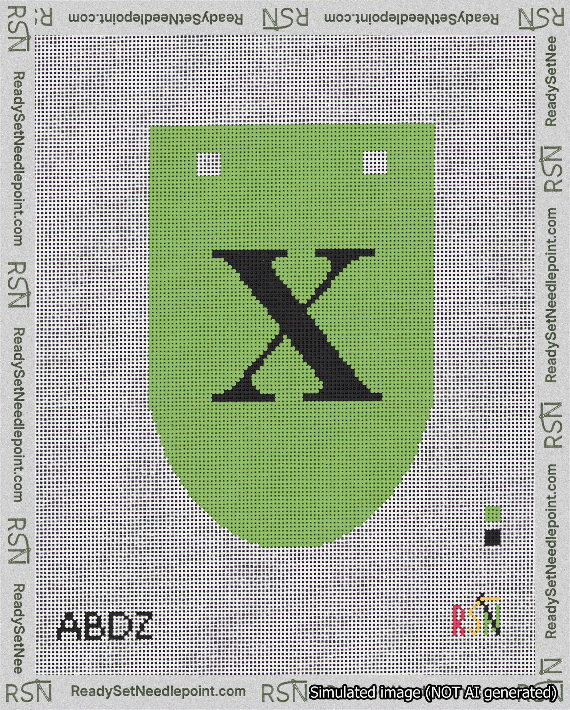 A taped needlepoint canvas with the design: Banner 18 mesh count Rounded X Black on Light Green.