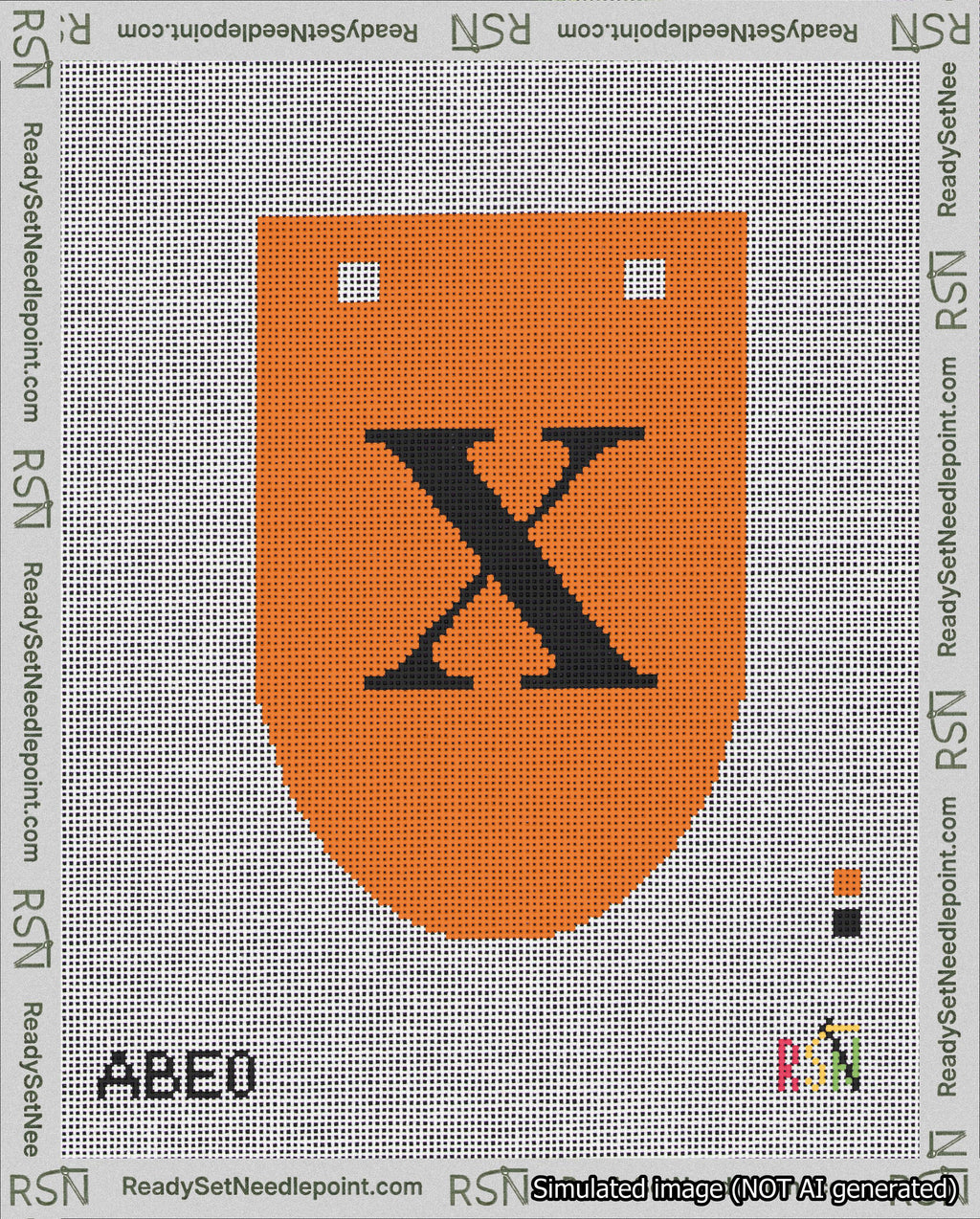 A taped needlepoint canvas with the design: Banner 18 mesh count Rounded X Black on Orange.