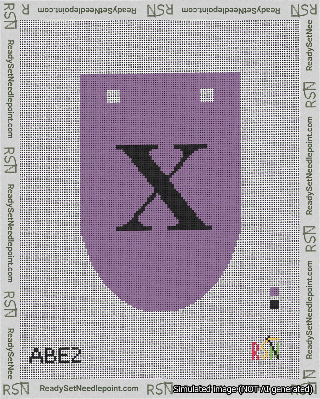 A taped needlepoint canvas with the design: Banner 18 mesh count Rounded X Black on Purple.